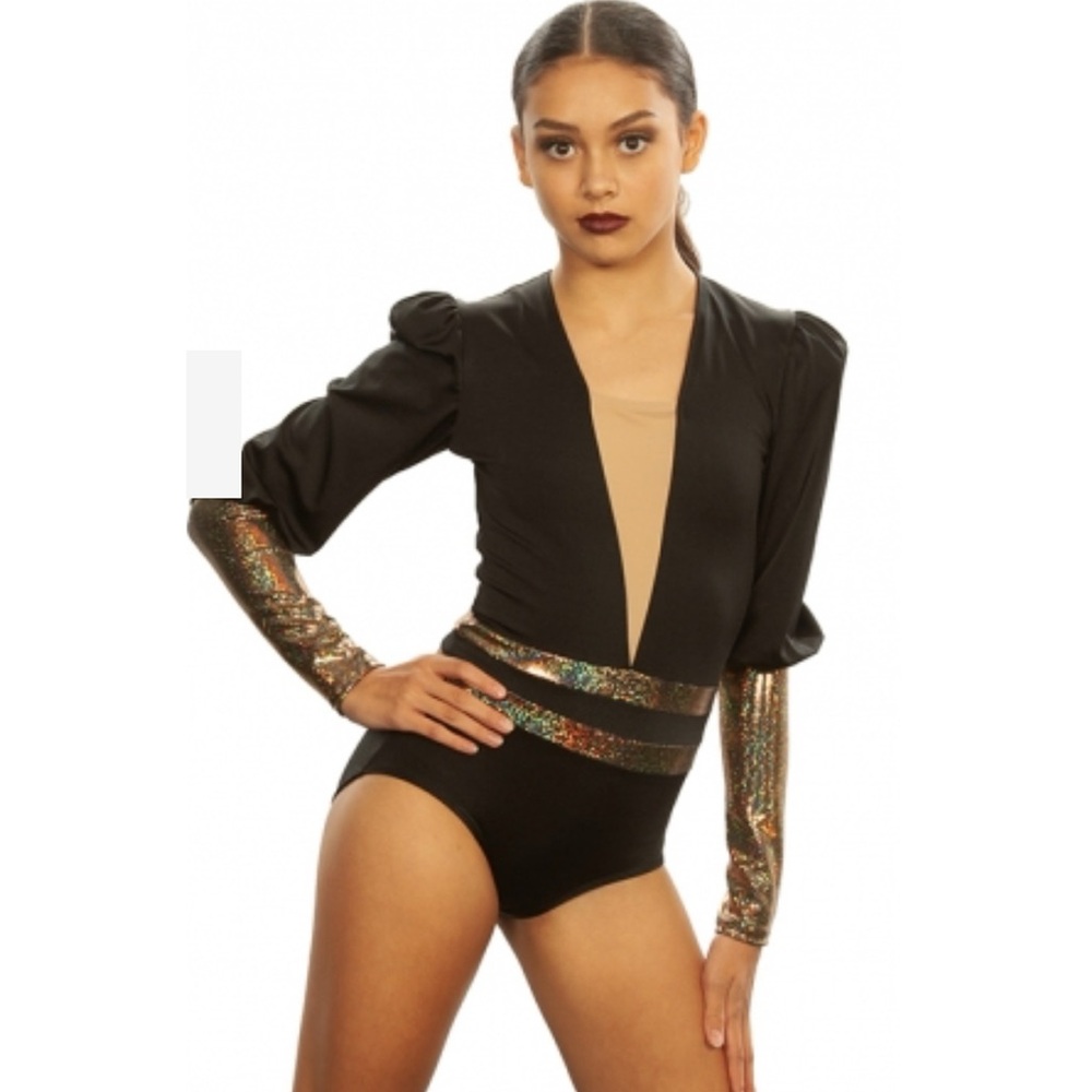Pumpers Dancewear |Silver Black Leotard Puff Sleeve Beyoncé Vibes, Multiple Size
